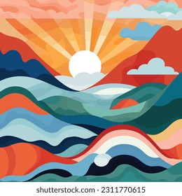 Abstract landscape sunset ocean vector illustration