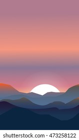 Abstract landscape of a sunset. Pink and peachy colors. The sun is setting down while yet being visible behind the hills. 