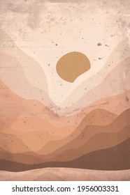 Abstract landscape. Sunset view. Contemporary art background. Modern minimalist print. Japanese wave pattern vector. Nature art background. Mountain forest template in oriental style.