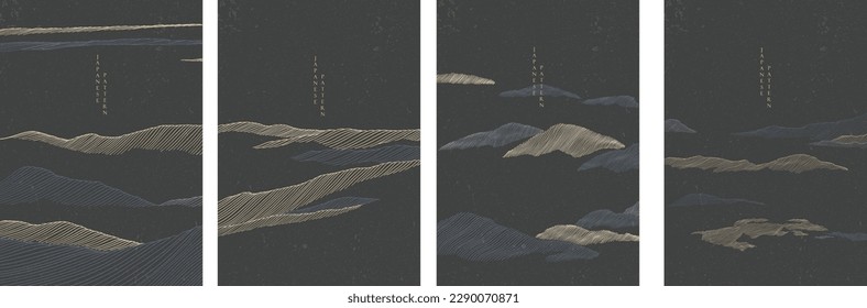 Abstract landscape template with geometric pattern. Japanese background with hand drawn wave vector. Curve pattern banner design in vintage style. GOld and blue watercolor texture. 