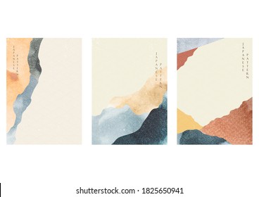 Plantilla de paisaje abstracta con vector de patrón de onda japonés en estilo oriental. Textura acuarela con fondo de papel pintado.
