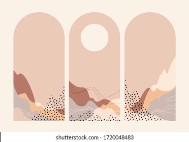Abstract landscape with three arches and sun. Beautiful background. Warm, pastel colors. Trendy, modern, elegant design