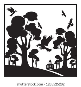 Abstract landscape with trees, birds and church silhouettes