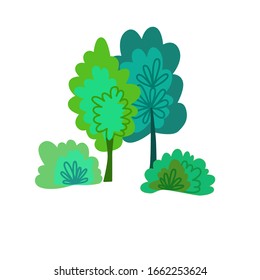 Abstract landscape with trees and bushes as vector background on white.
