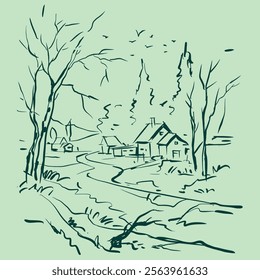 Abstract of landscape with trees and houses vector for card, illustration, decoration