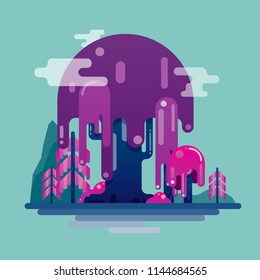 Abstract Landscape Trees and Mountains Wild Nature Comic Style Simple Flat Vector Art Illustration Design
