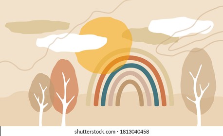 Abstract landscape with trees, sun and rainbow in pastel colors