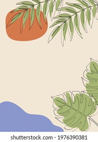 Abstract landscape with tropical leaves. Minimal design, freehand composition, modern style. Elegant continuous lines poster for a Scandinavian interior.