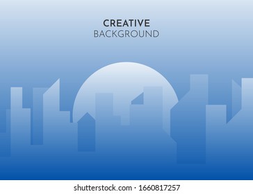 Abstract landscape. Vector banner with polygonal landscape illustration, Minimalist style. City, town, business center, skyscraper in fog, smog on sunset background
