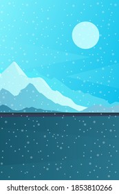 Abstract landscape, Vector banner with polygonal landscape illustration, Minimalist style, Flat design. Winter mountains landscape with moon, sun and snow