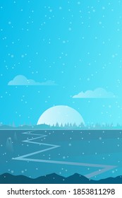 Abstract landscape, Vector banner with polygonal landscape illustration, Minimalist style, Flat design. Winter mountains landscape with moon, sun, sky and snow