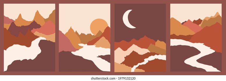 Abstract landscape vector collection. set of beautiful mountain, river posters. scandinavian style vector illustration