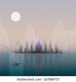 abstract landscape vector illustration concept with subtle aurora borealis effect appearing behind the forest trees reflecting in the ocean water. Night scenery with moonlight casting light on whales.
