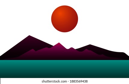 Abstract landscape Vector illustration with copy space Red sun above lilac mountains on white background