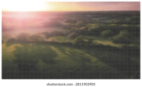 Abstract landscape vector illustration featuring rolling hills at sunset with glowing golden light rays over dark textured terrain for nature design backgrounds.
