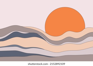 Abstract landscape vector illustration. Layered colorful wavy shapes with contour lines background. Flat sea waves and large orange sun are creative nature art concept