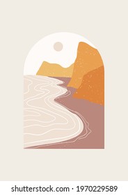 Abstract Landscape vector illustration. Minimal wall art decor, Digital Art. Mid Century Modern print of sandy coast with rocks. 