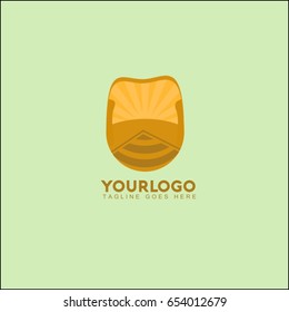 Abstract landscape vector illustration with mountain, sun and road. Vintage brand identity.