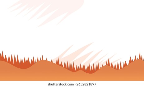 Abstrakte Landschaft, Vektorgrafik mit orangefarbenen Hügeln, Wald und stilisiertem Himmel. Moderner minimaler Naturhintergrund, perfekt für Wandkunst, Drucke, digitale Projekte, Poster und kreatives Design.