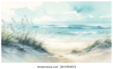 Abstract landscape vector illustration showing coastal dunes and sandy beach with gentle ocean waves soft pastel colors calm atmosphere peaceful nature scene.