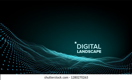 Abstract Landscape Vector. Particle Wireframe. Big Flow. Cyber Concept. Futuristic Graphic. Relief Structure. 3D Illustration