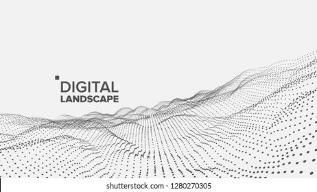 Abstract Landscape Vector. Particle Wireframe. Big Flow. Cyber Concept. Futuristic Graphic. Relief Structure. 3D Illustration