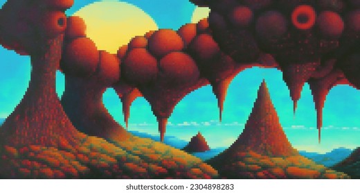 Abstract landscape. Vector pixelated illustration. Pixel design.
