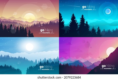 Abstract landscape vector set. Banners set with polygonal mountains landscape illustrations. Minimalistic style. Flat design. Travel concept of discovering, exploring, observing nature. Hiking.