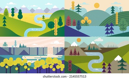 Abstract landscape vector set. Banners set with polygonal mountains landscape illustrations. Minimalistic style. Simple flat design. Hiking. Travel concept of discovering, exploring, observing nature.