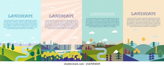 Abstract landscape vector set. Banners set with polygonal mountains landscape illustrations. Minimalistic style. Simple flat design. Hiking. Travel concept of discovering, exploring, observing nature.