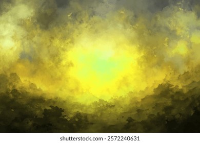 Abstract landscape, vibrant yellow glow, soft textured clouds, atmospheric depth, artistic background, serene nature scene.