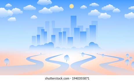 abstract landscape with a view of the metropolis. winding highways among the forest with trees on the background of city buildings with greenery, sky with sun and clouds. vector 