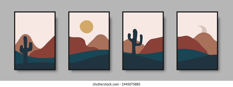 Abstract landscape wall art print set. Vector abstract landspace for luxury minimal bedroom interior. Printable boho poster for decor. Artwork with terracotta colors for wallpaper. Vector illustration
