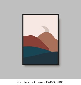 Abstract landscape wall art print. Vector abstract landspace for luxury minimal bedroom interior. Printable boho poster for decor. Artwork with terracotta colors for wallpaper. Vector illustration