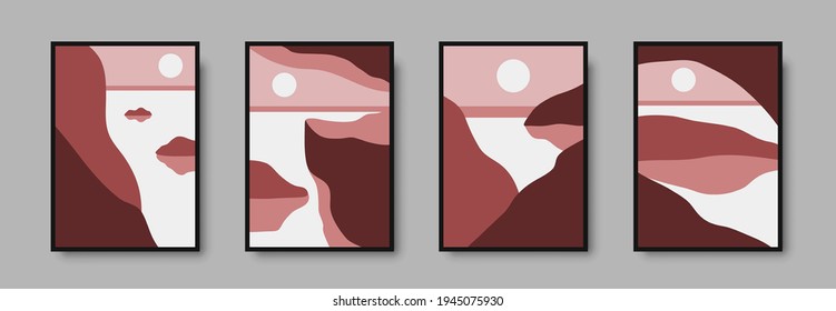 Abstract landscape wall art print set. Vector abstract landspace for luxury minimal bedroom interior. Printable boho poster for decor. Artwork with terracotta colors for wallpaper. Vector illustration