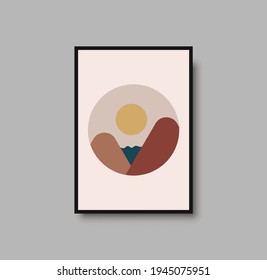 Abstract landscape wall art print. Vector abstract landspace for luxury minimal bedroom interior. Printable boho poster for decor. Artwork with terracotta colors for wallpaper. Vector illustration