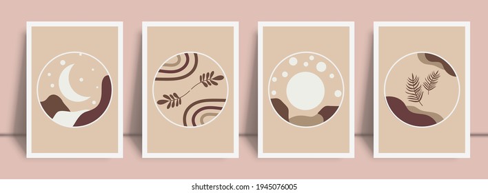 Abstract landscape wall art print set. Vector abstract landspace for luxury minimal bedroom interior. Printable boho poster for decor. Artwork with terracotta colors for wallpaper. Vector illustration