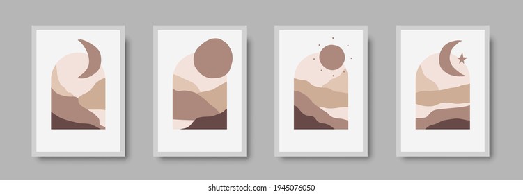 Abstract landscape wall art print set. Vector abstract landspace for luxury minimal bedroom interior. Printable boho poster for decor. Artwork with terracotta colors for wallpaper. Vector illustration
