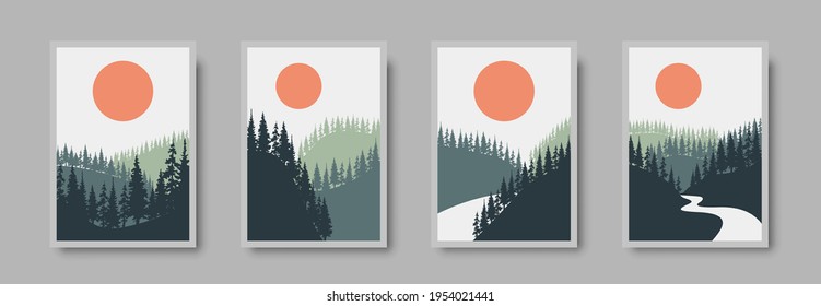 Abstract landscape wall art print set. Vector abstract landspace for luxury minimal bedroom interior. Printable boho poster for decor. Artwork with terracotta colors for wallpaper. Vector illustration