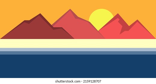 Abstract landscape wallpaper mural. sunset scenery wallpapers. illustration of mountains, sun, beach and sea.