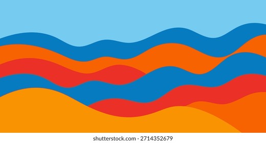 Paisaje Abstractas de capas onduladas en Colores azules, naranjas y rojos vibrantes - Una ilustración gráfica moderna