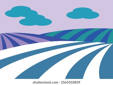 Abstract landscape of white, blue, purple and green crop fields with clouds