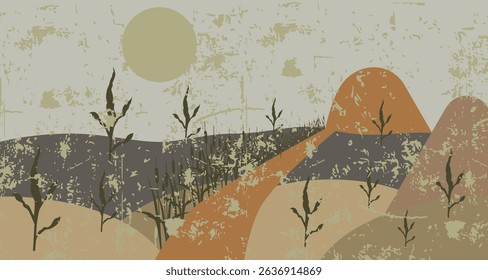 Abstract landscape with wildflowers and mountains. Design in warm, earthy tones with a vintage texture. EPS 10.
