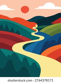 Abstract landscape with a winding yellow road through colorful hills and sun, modern minimalist vector illustration for background