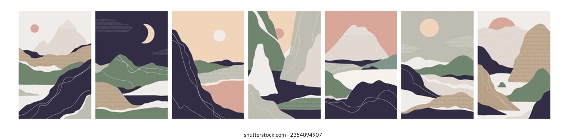 Abstract landscapes cards set. Oriental sun on sky, mountains, hills, waves, natural zen backgrounds. Vertical travel, adventure and nature view posters in modern style. Flat vector illustrations