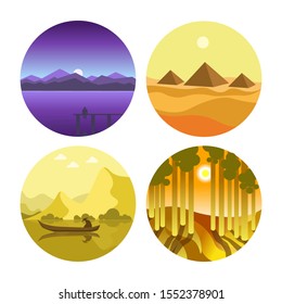 Abstract landscapes in circle. Travel icons set collection. Picturesque mountains, Egyptian pyramids, river in China with fisherman on boat, forest. Nature and tourism isolated vector illustrations.