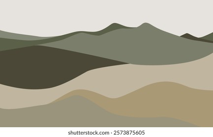 abstract landscapes formed by layered, flowing shapes in shades of green, beige, and olive, Ideal for tranquil spaces like bedrooms, reading nooks, or offices
