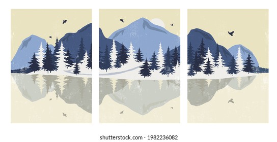 Abstract landscapes posters set. Mountains, trees, sun, sea, winter. Flat color hand drawn style with texture.Design for wallpaper, wall decor, card, print, background, cover. Vector illustration.