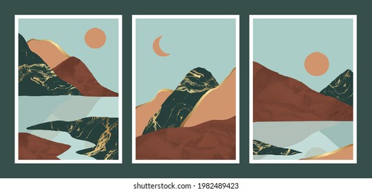 Abstract landscapes posters. Sun, moon, mountains, sea. Minimal modern trendy style. Earth tones, golden texture. Design for wallpaper, wall decor, card, print, cover, background. Vector illustration.