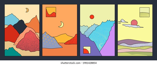 Abstract landscapes set. Comic style colorful design. Vector scenery with crescent moon, sun, clouds, mountains. Textured graphic.